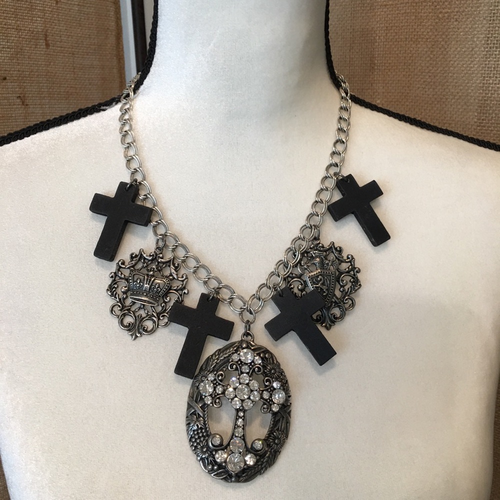 Necklace w/ Rhinestone Cross Pendant & small wooden crosses